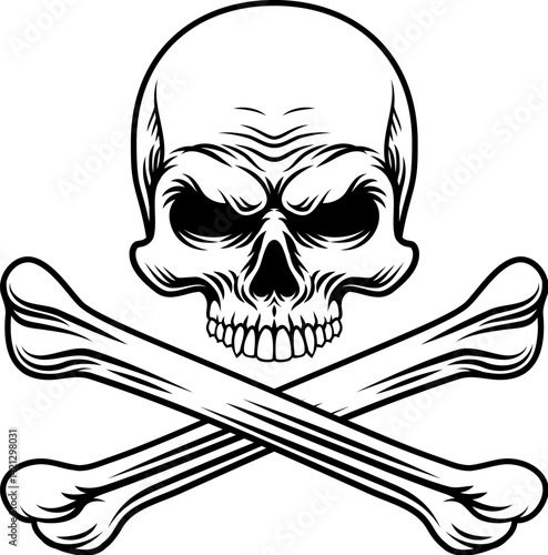 A skull and crossbones pirate crossed bones jolly roger design in a vintage retro woodcut style