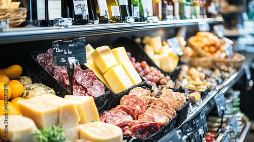   Gourmet deli counter showcasing artisan cheeses, cured meats, and fr