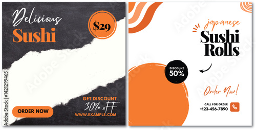 Vibrant sushi promotion poster design with special discount offers displayed