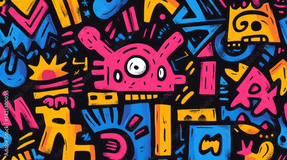 Colorful abstract doodle art featuring a central cyclops figure Colorful abstract doodle art featuring a central cyclops figure