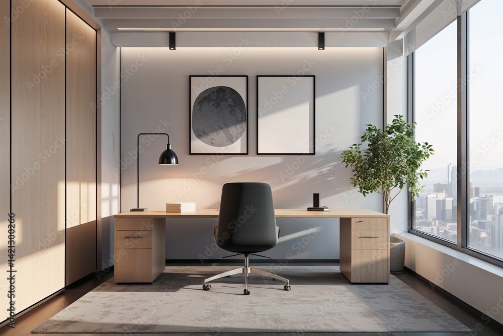 Fototapeta premium Sleek Minimalist Workplace Interior with Spacious Virtual Wall Mock-Up