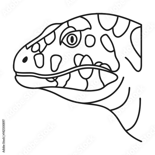 Line art illustration of a blue tongue lizard face with distinct markings reptilian animal