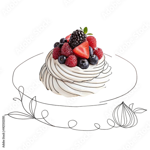 Flat vector Pavlova dessert illustration in white and red decorated with berries