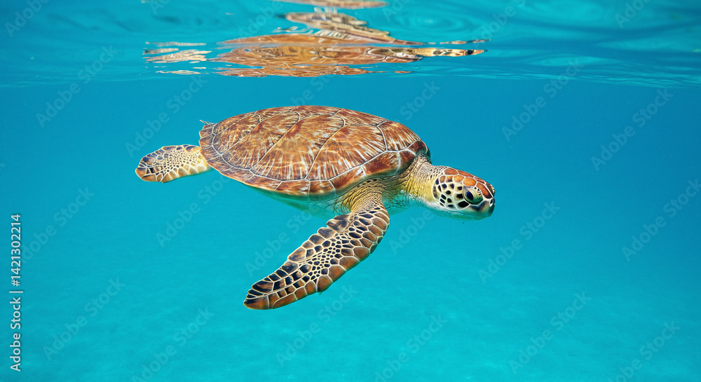 Obraz premium Sea Turtle Swimming in Clear Turquoise Water