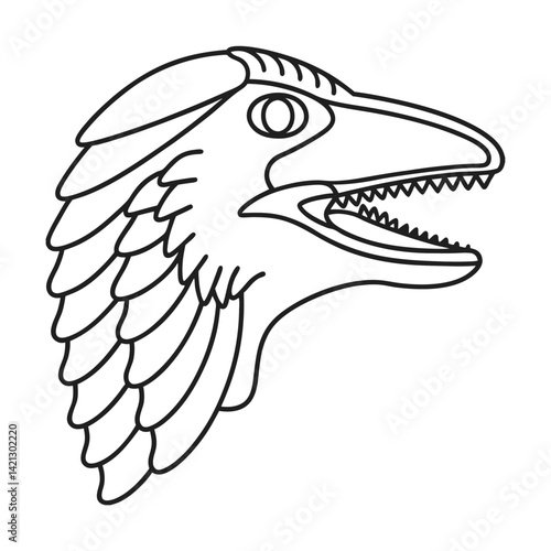 Outlined velociraptor head dinosaur fossil predatory creature monochrome illustration ancient extinct animal paleontology