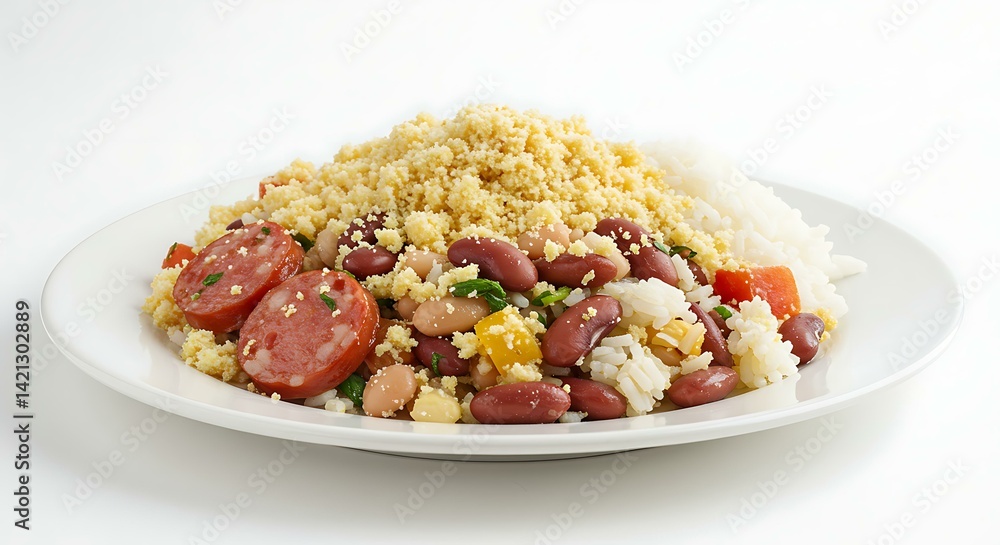 Sausage beans rice salad farofa white background. Brazilian food Sausage beans rice salad farofa white background. Brazilian food