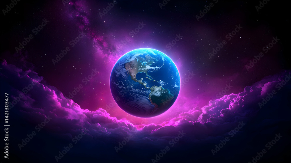 Fototapeta premium Pixel Art Earth in Vibrant Purple and Pink Nebula