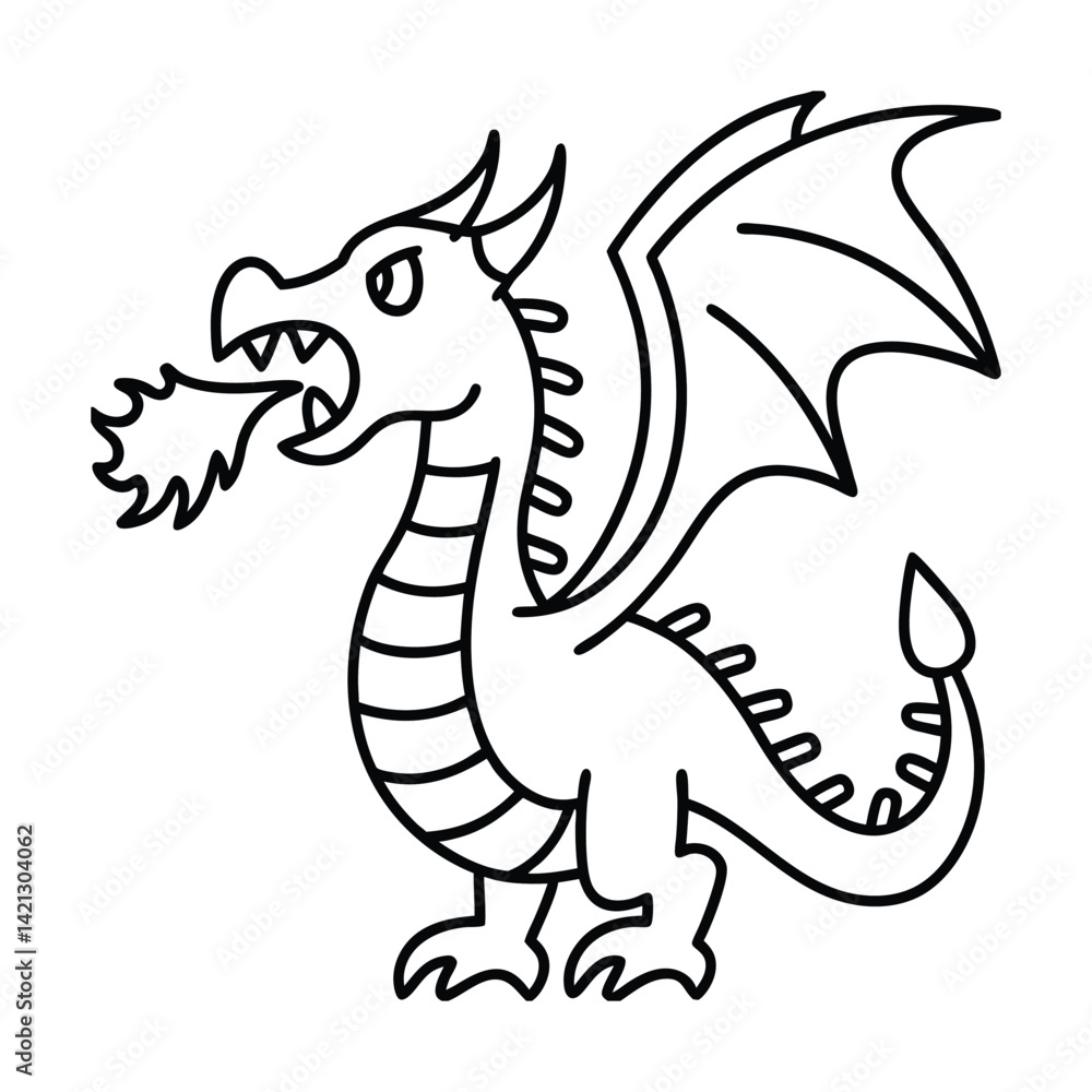 Fototapeta premium Outlined cartoon dragon breathing fire simple coloring page for kids illustration fantasy creature