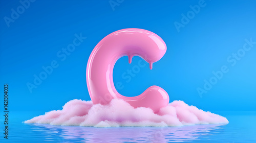 Pink Glossy Letter C on a Cloud Reflection