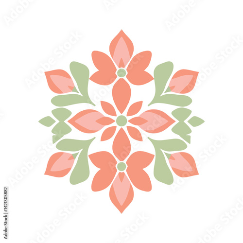 Modern botanical logo abstract coral pink and sage green flowers form a minimalist floral cluster in geometric shapes. Centered on a white background