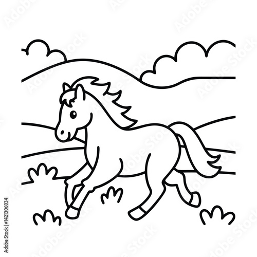 Cartoon horse galloping across a field outline vector illustration for coloring books and educational resources