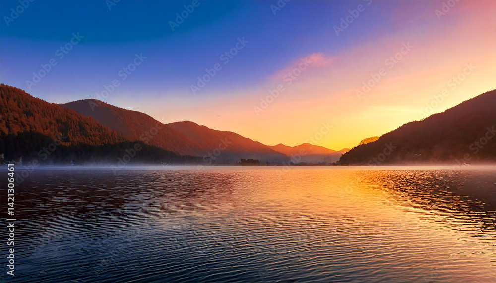 A serene lake at dawn with mist hovering over the water and mountains in morning light-3 A serene lake at dawn with mist hovering over the water and mountains in morning light-3
