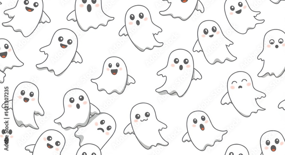 Fototapeta premium Repeating Pattern of Playful White Ghosts with Gray Outlines