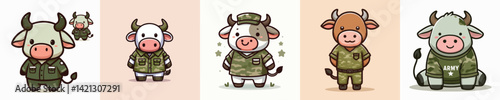 collection of funny bull images dressed as soldiers vector