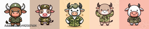 collection of funny bull images dressed as soldiers vector
