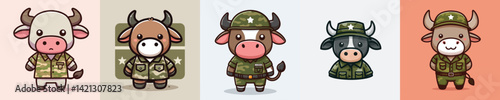 collection of funny bull images dressed as soldiers vector
