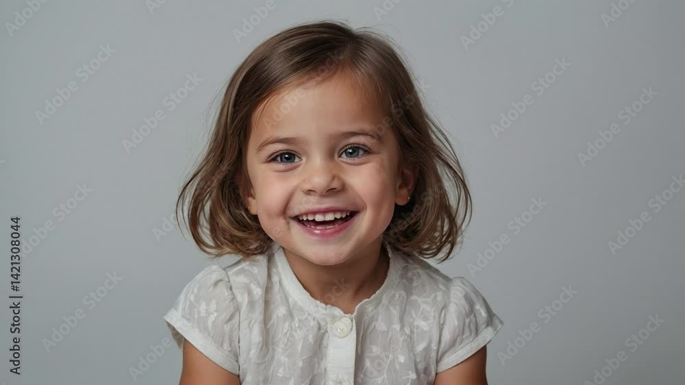 Cheerful girl smiling warmly in a simple indoor backdrop Cheerful girl smiling warmly in a simple indoor backdrop