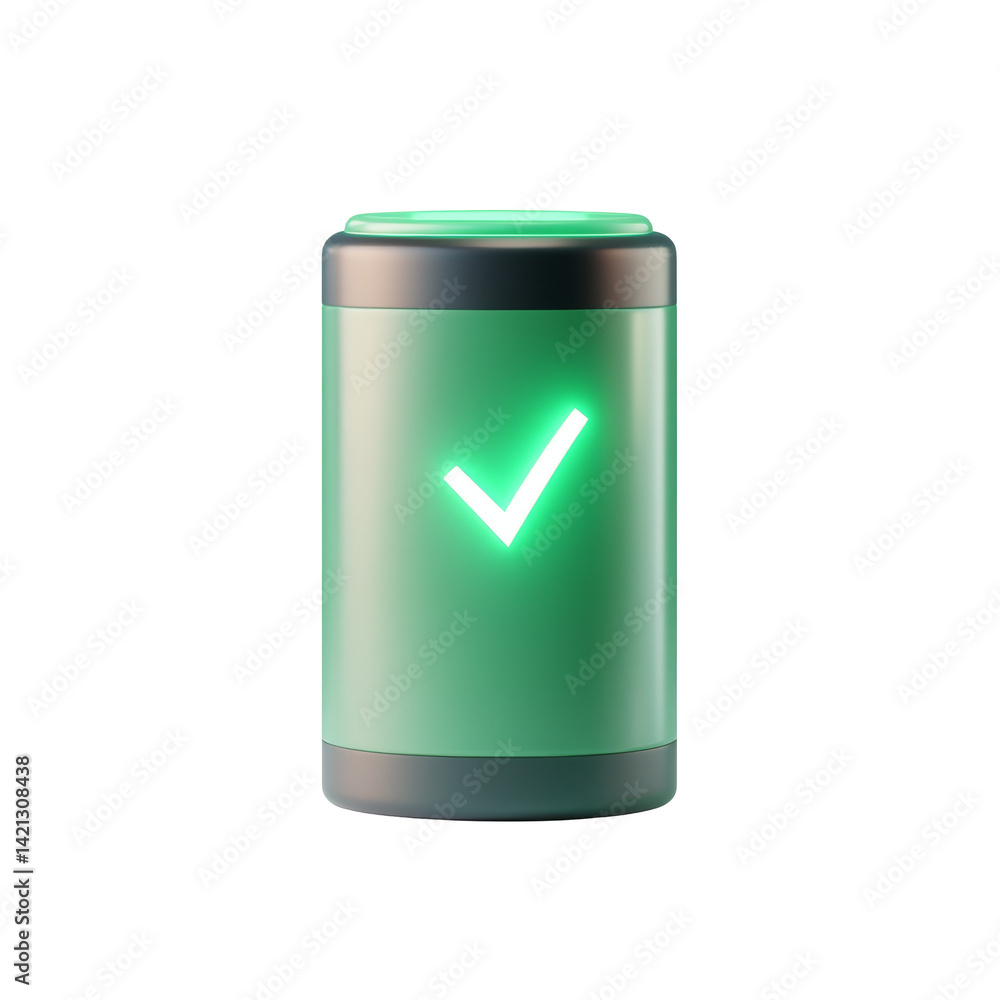 Modern green battery with glowing check mark illuminates energy efficiency and innovation Modern green battery with glowing check mark illuminates energy efficiency and innovation