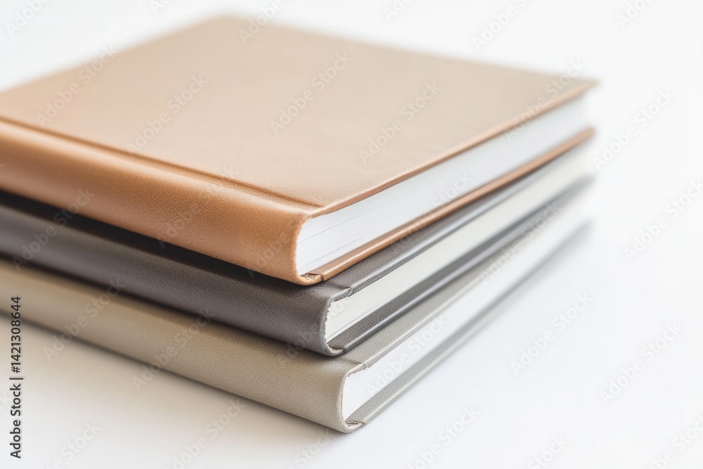 Three hardcover books stacked, showcasing elegant neutral tones and textures. Three hardcover books stacked, showcasing elegant neutral tones and textures.