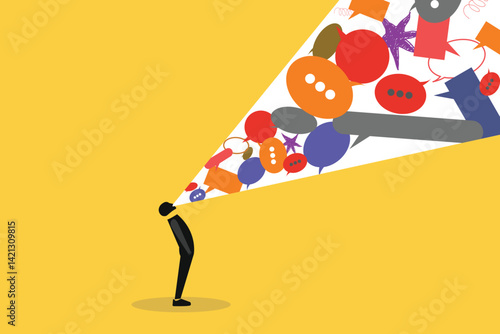 Communication overload, frustrated Businessman bring pile of virtual speech bubbles