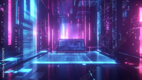 Futuristic digital laptop in a glowing, data-filled tunnel