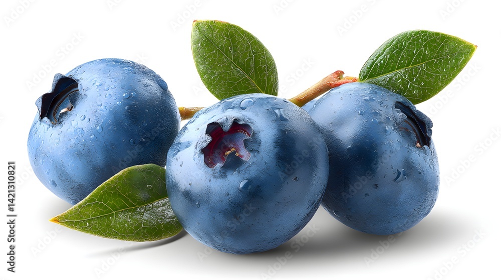 Blueberry isolated png. Blueberry with leaves on white or transparent background. Perfect retouched three blueberries