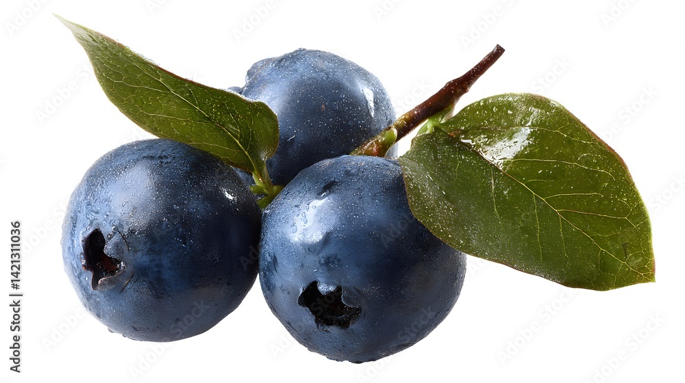 Blueberry isolated png. Blueberry with leaves on white or transparent background. Perfect retouched three blueberries