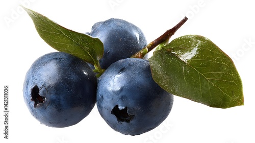 Obraz na płótnie Blueberry isolated png. Blueberry with leaves on white or transparent background. Perfect retouched three blueberries w salonie