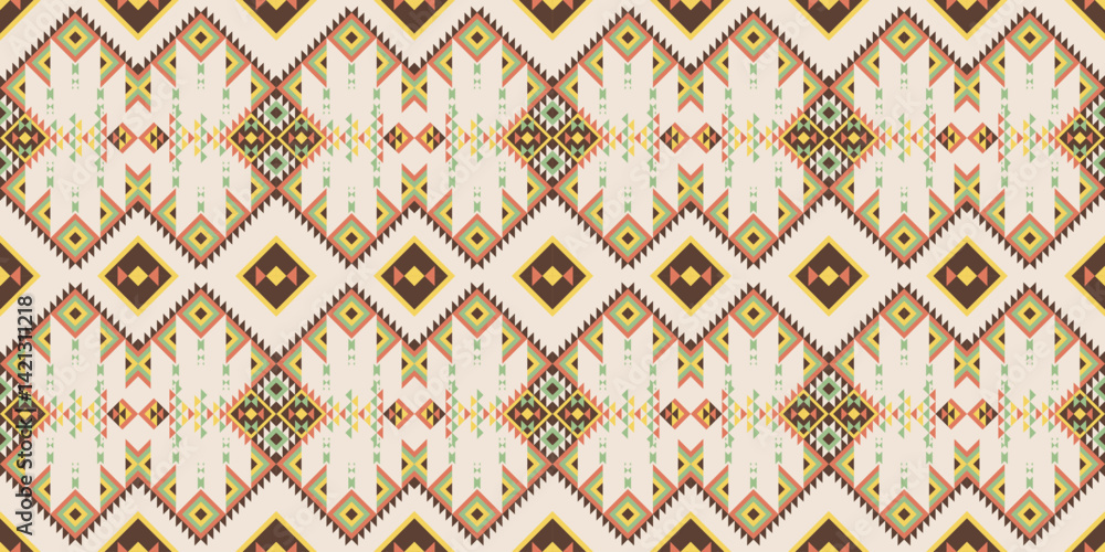 Tribal geometric seamless pattern with diamonds and zigzags in earthy colors. Beige background with brown, yellow, green accents. Ideal for textiles, decor, and boho designs. Tribal geometric seamless pattern with diamonds and zigzags in earthy colors. Beige background with brown, yellow, green accents. Ideal for textiles, decor, and boho designs.