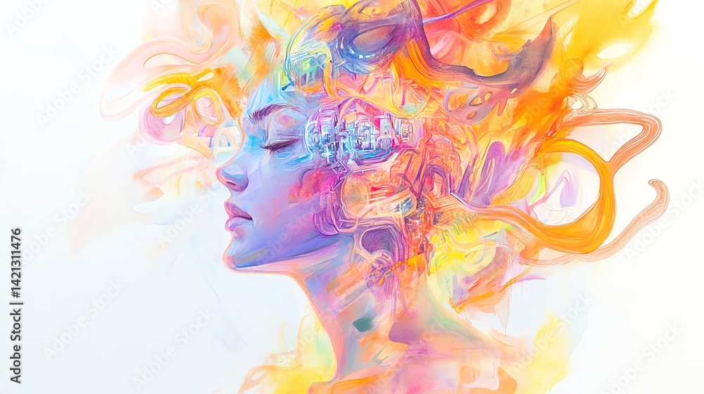 custom made wallpaper toronto digitalColorful and abstract representation of a woman's face with vibrant, flowing hair.