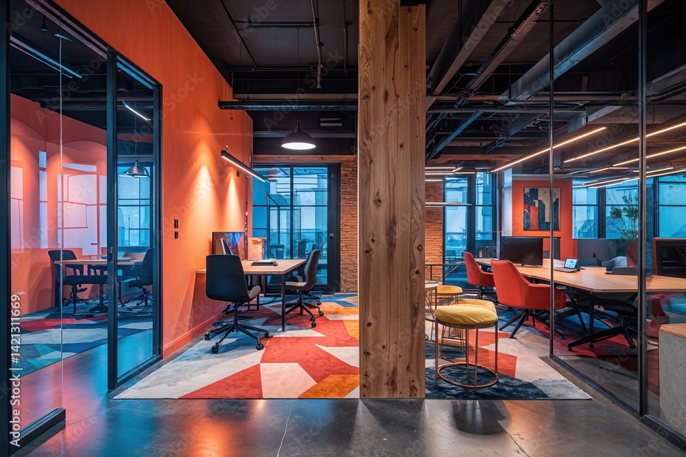 Fototapeta premium Dynamic Coworking Space with Architectural Flair and Reflective Design