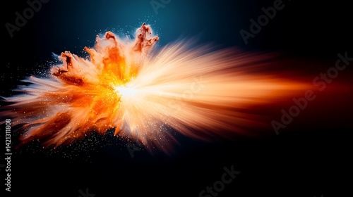 Dynamic burst of vibrant orange energy, resembling an explosion against a dark backdrop, with white trails