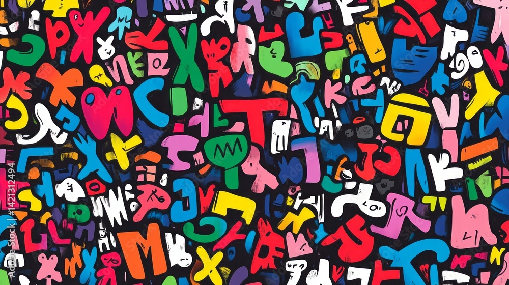 Abstract artistic composition featuring colorful stylized alphabet letters Abstract artistic composition featuring colorful stylized alphabet letters