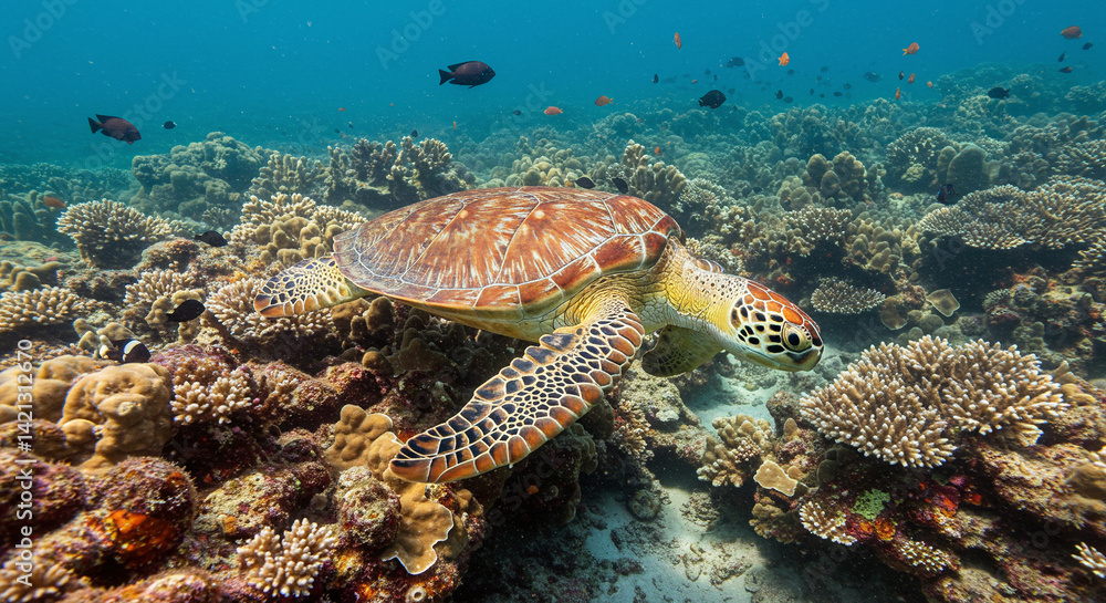 Fototapeta premium Sea Turtle Swimming Freely Among Coral Reef