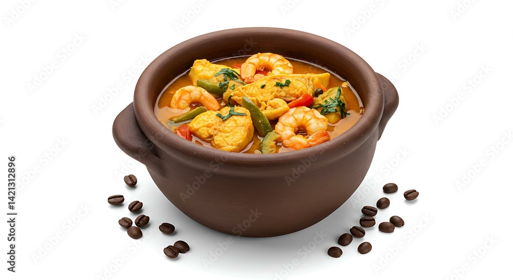 Brazilian fish stew moqueca clay pot white background. Brazilian food Brazilian fish stew moqueca clay pot white background. Brazilian food