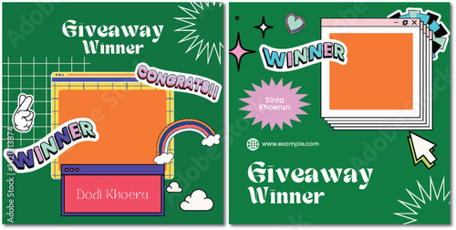 Retro Giveaway Winner Announcement Template with Colorful Graphics and Placeholders
