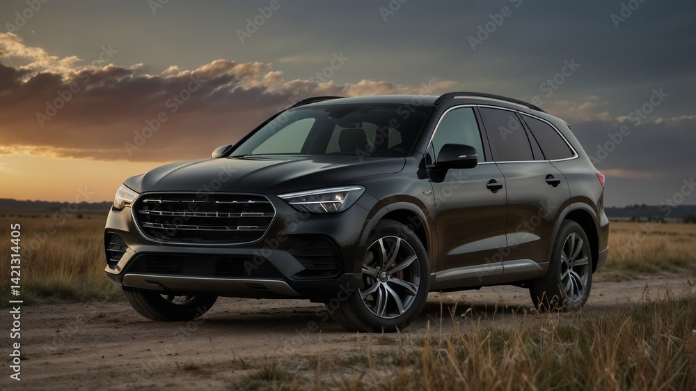 Fototapeta premium Luxury SUV parked on a dirt road at sunset in open landscape