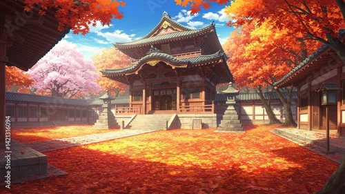 Anime Illustration Of A Traditional Japanese Temple Surrounded By Lush Autumn Foliage Under A Clear Blue Sky
