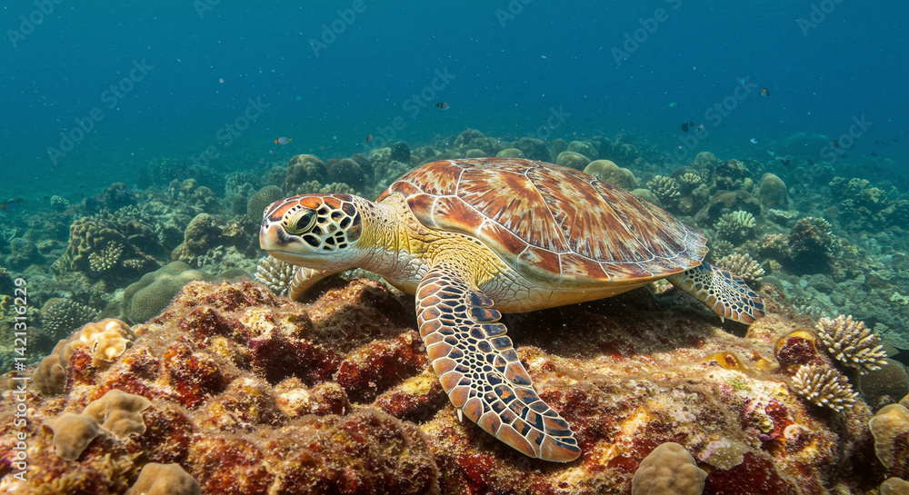Fototapeta premium Sea Turtle Resting on Coral Reef Undersea View