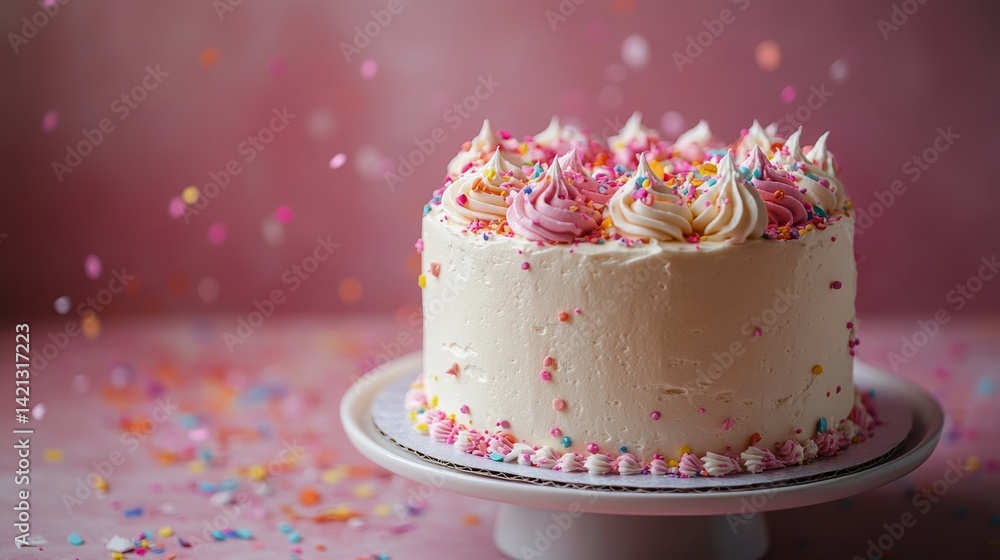 Celebratory Cake with Sprinkles and Creamy Frosting on a Pink Backdrop Inviting Celebration of Joyful Moments and Festive Occasions Celebratory Cake with Sprinkles and Creamy Frosting on a Pink Backdrop Inviting Celebration of Joyful Moments and Festive Occasions
