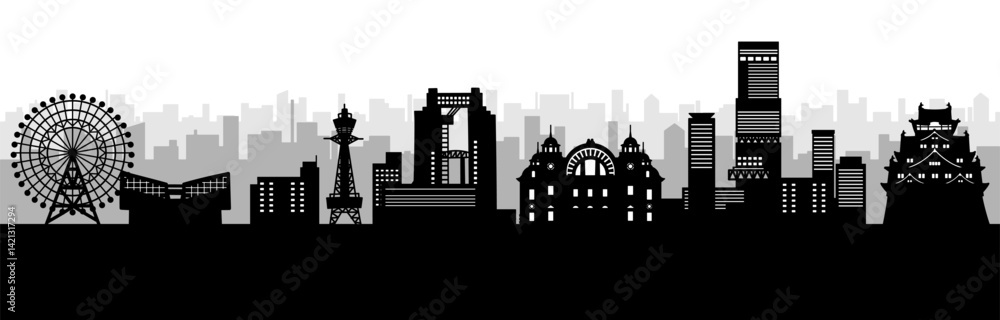 Obraz premium 高層ビルと城のある日本の街並みのシルエット、大阪（モノクロ）