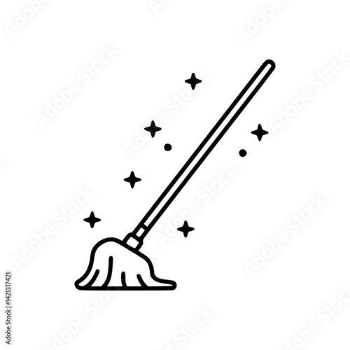 Outline icon of a mop with sparkles symbolizing cleanliness in the home  