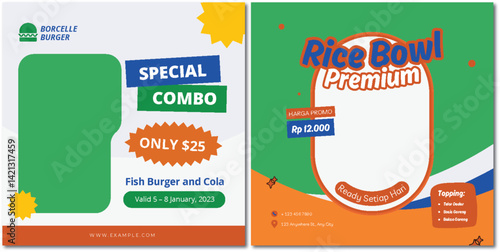 Vibrant Food Promotion: Fish Burger Combo and Premium Rice Bowl Deals