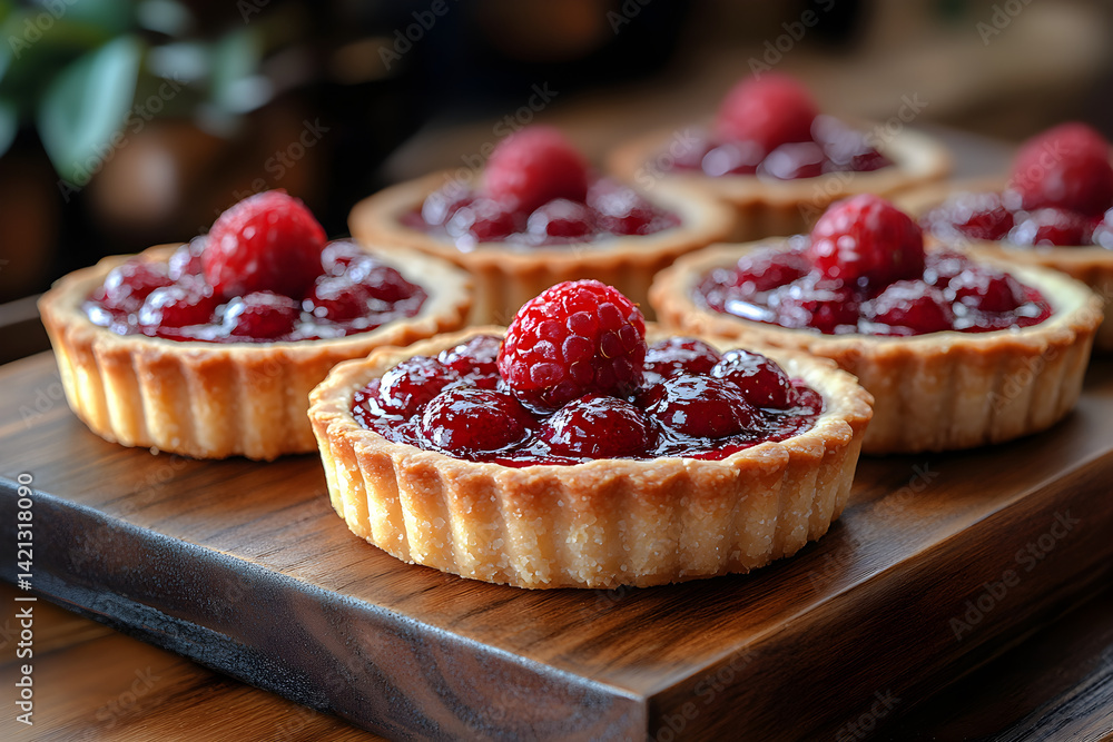 Colorful jam tarts with soft pastry crust and bright berry filling on vintage plate Colorful jam tarts with soft pastry crust and bright berry filling on vintage plate
