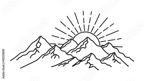  Bright sunlight illuminates a majestic mountain range under a clear blue sky line art flat vector illustration.