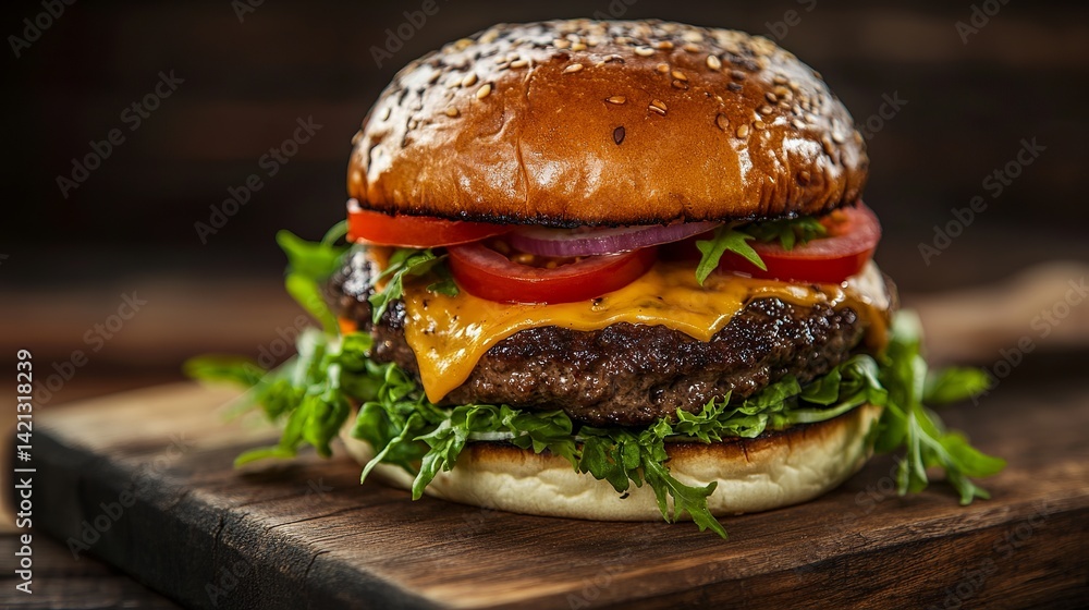 Juicy cheeseburger with sesame bun fresh lettuce tomato onion red beef food meal meat dark lunch Juicy cheeseburger with sesame bun fresh lettuce tomato onion red beef food meal meat dark lunch