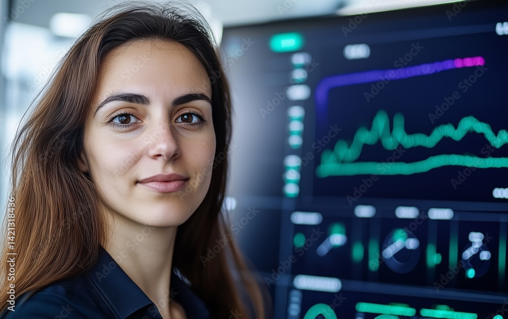 Fototapeta premium Confident Woman in Front of a Modern Data Analysis Screen , finance photo series