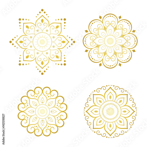 Set of Eastern ethnic religious symbols - Mandala. Decorative pattern for henna, mehndi, tattoos, room decoration. Outline doodle vector illustration.
