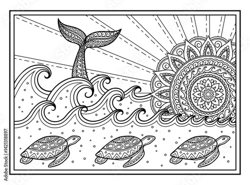 Whale diving into sea against the sunset. Coloring book page antistress - ocean landscape with waves, mandala in form of sun, fish tail.