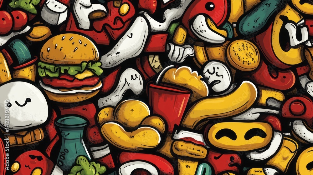 Fototapeta premium Colorful and fun doodle art of various fast foods